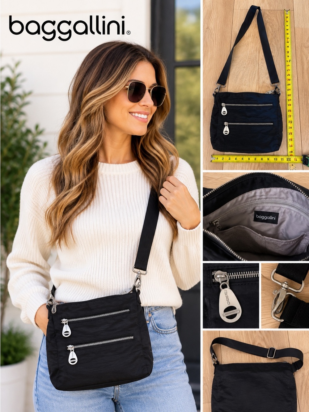 🖤 Baggallini Black Nylon Crossbody Bag Adjustable Strap Travel Purse